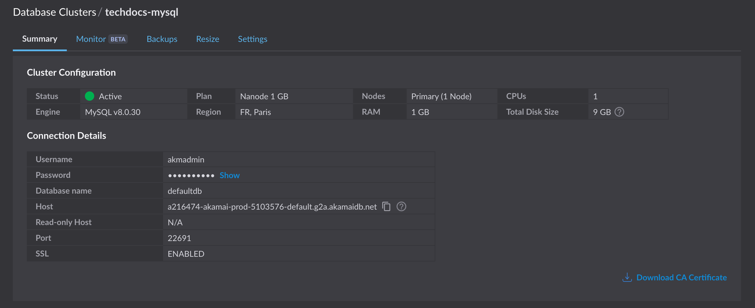 Linode Cloud portal - MySQL Database Summary